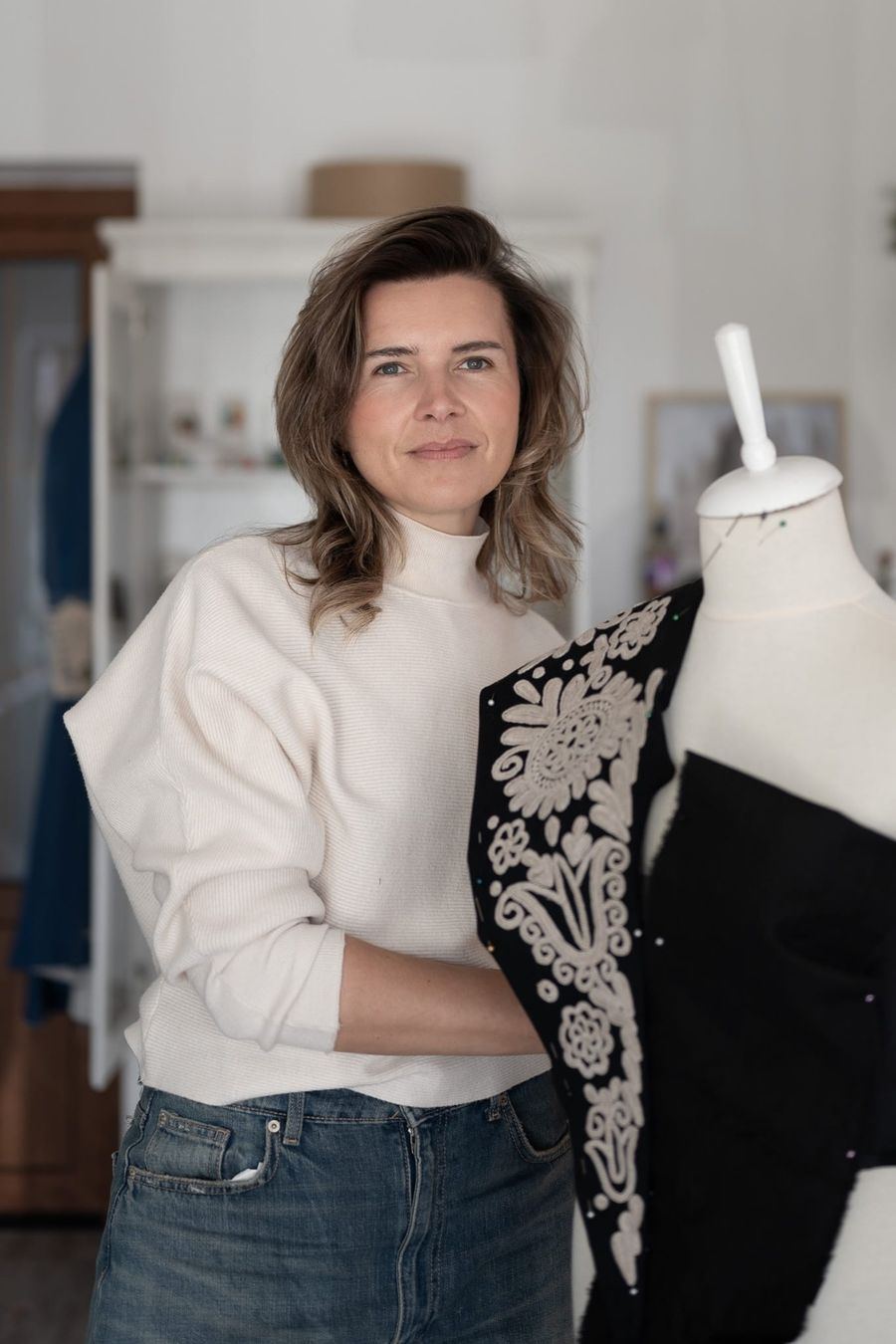Kati Szalai with hand-embroidered panel