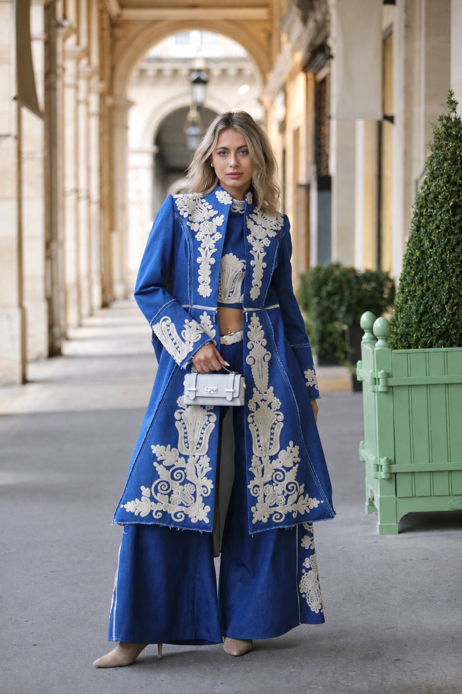 Denim Couture look, embroidered denim jacket detail