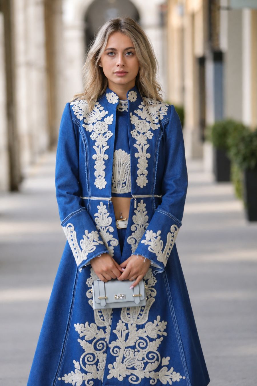 Denim Couture look, back view showing embroidered motif