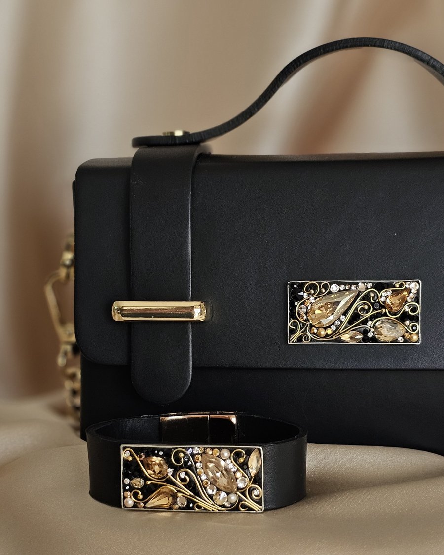 KAT'ART Jewellery — hand-set crystal detailing on black leather