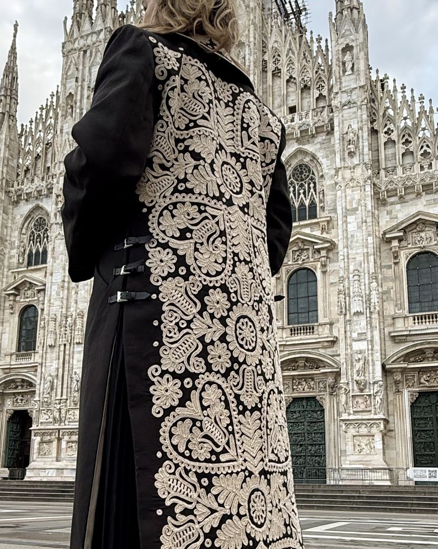 Milan 2025 look with embroidered outerwear