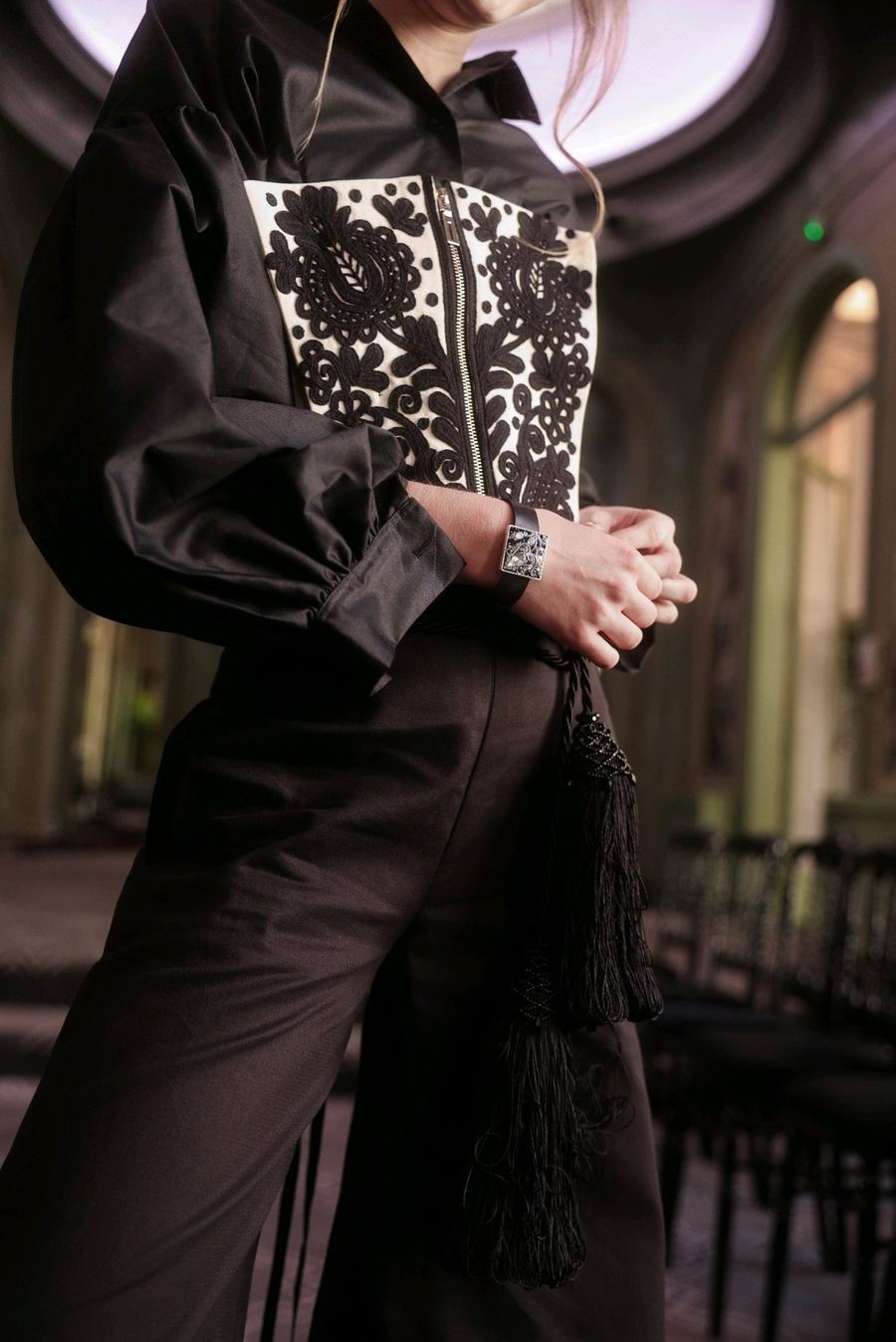 Paris collection look, embroidery detail against gilded décor